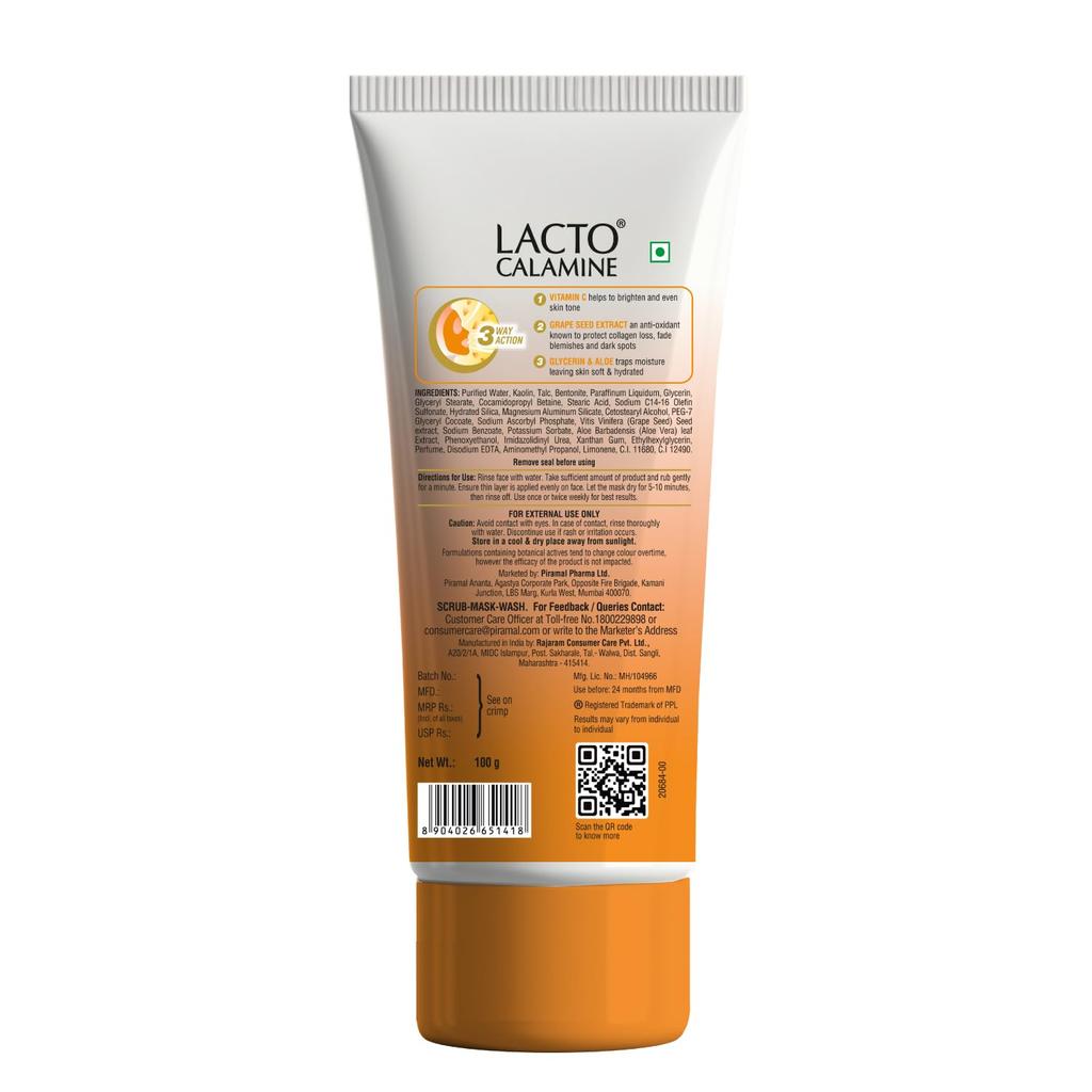 Lacto Calamine 3-in-1 Vitamin C Face Scrub Mask Wash 100ml Pack of 1 for Skin Brightening Glow