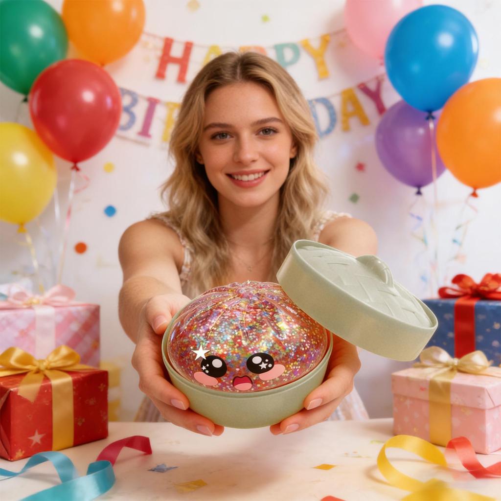 Dumpling Stress Relief Toys Glitter Food Design Squeeze Fidget Adorable Bun Decompress Toy for Kids Adults Students Workers Home