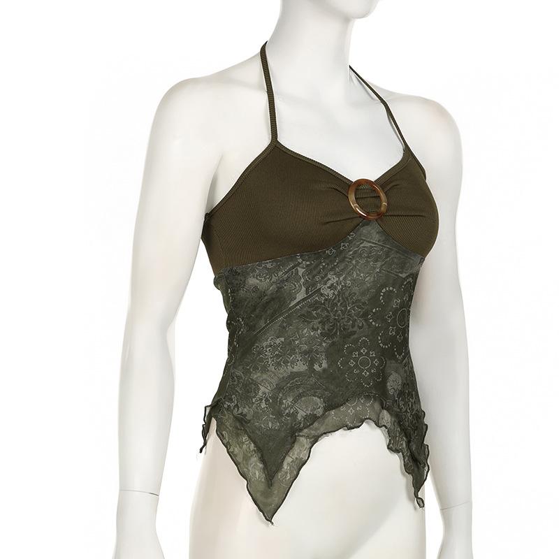 Женская майка с винтажным принтом, неровным подолом и висячим воротом, дизайнерская трикотажная лоскутная подтяжка