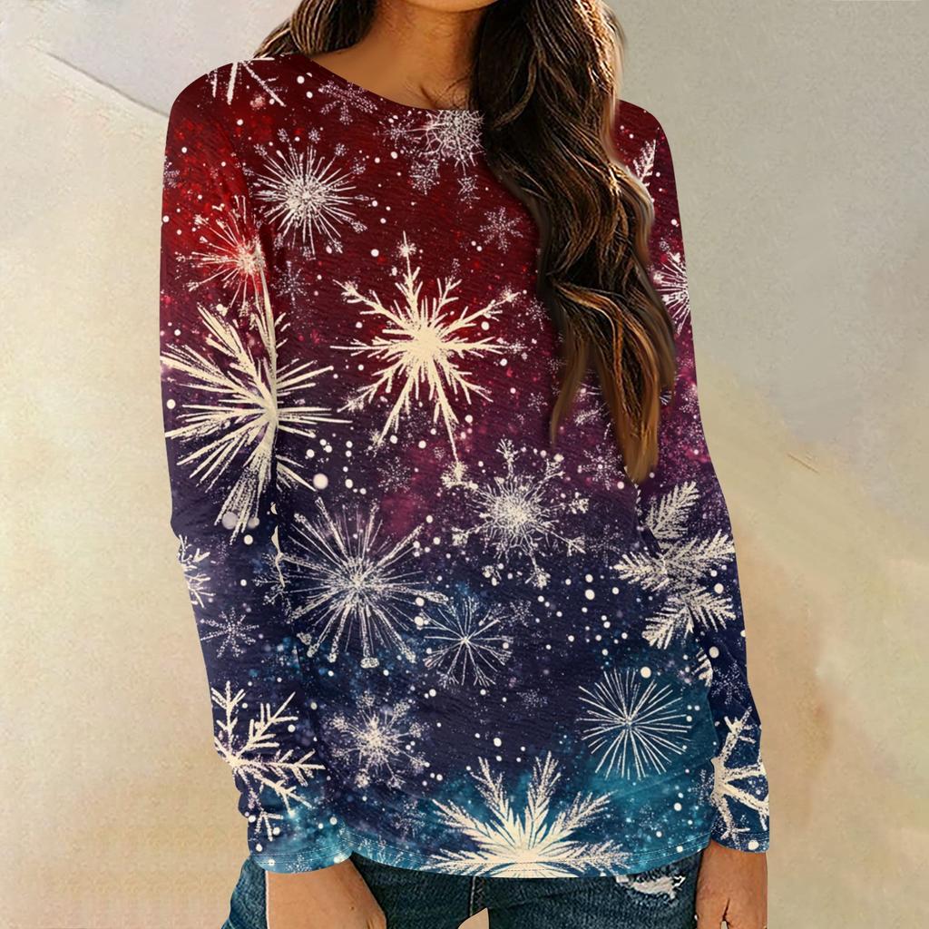 Женская мода круглый вырез пуловер с глубокими рукавами футболка с рождественским принтом топ