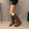 Fashion Cosy Soft Leather Women Knight Long Boots Fashion Button Combination Splicing Female Western Cowboy Booties