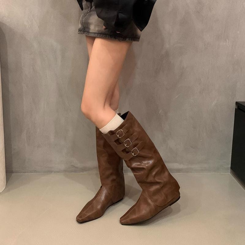 Fashion Cosy Soft Leather Women Knight Long Boots Fashion Button Combination Splicing Female Western Cowboy Booties