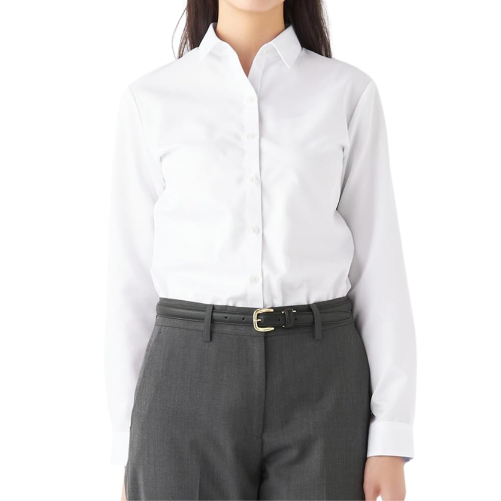 ORIHICA Long Sleeve with Hidden Chest Women's Shirt, 100% Cotton, Non-Iron Blouse, Deodorizing, Buttons, White/Regular (NBRHSS-51)