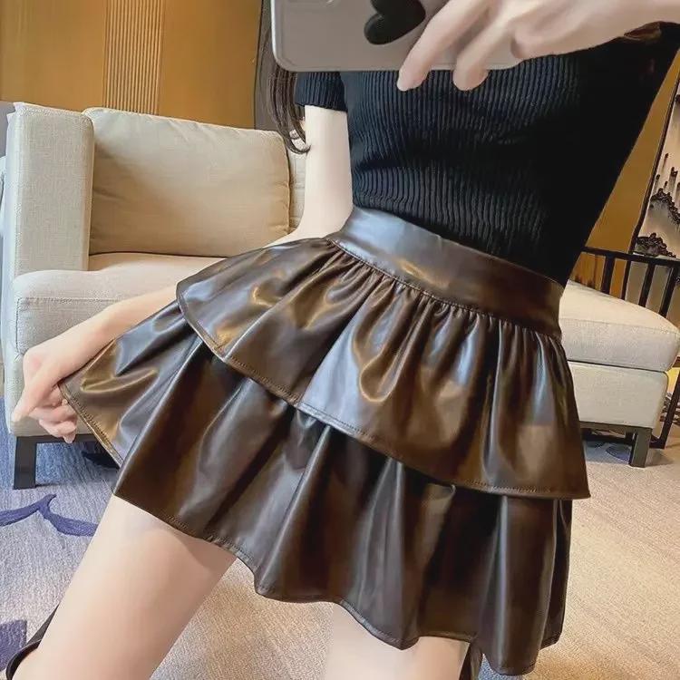 Юбка А-силуэта из искусственной кожи с высокой талией, осень/зима 2024 г. - тонкая, пышная, не пропускающая влагу, дизайн Hot Girl Cake