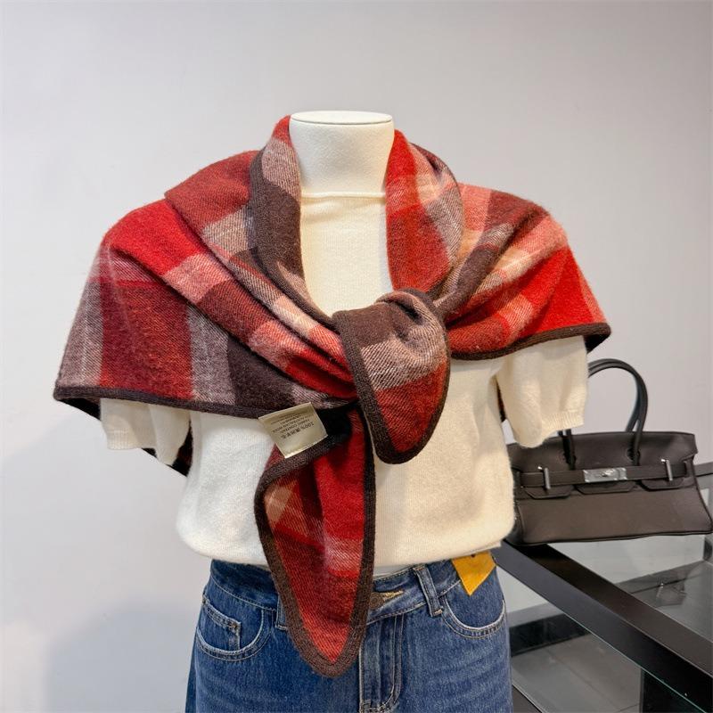 Handmade Hemming Grid 100 Wool Scarf Women's Winter Triangle Scarf Style Shawl Warm Scarf Dual-purpose