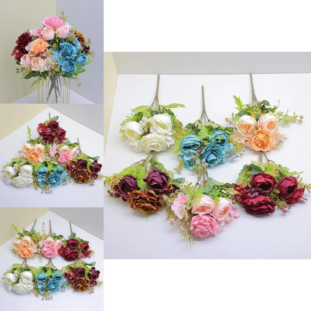 Винтажный европейский букет из искусственных цветов с шелковыми розами и гортензией макрофиллой для свадебного декора и домашнего стайлинга