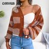 Autumn and Winter Women's Cardigan Sweater Fashion Collision Striped Lantern Sleeve Cardigan Sweater Tops