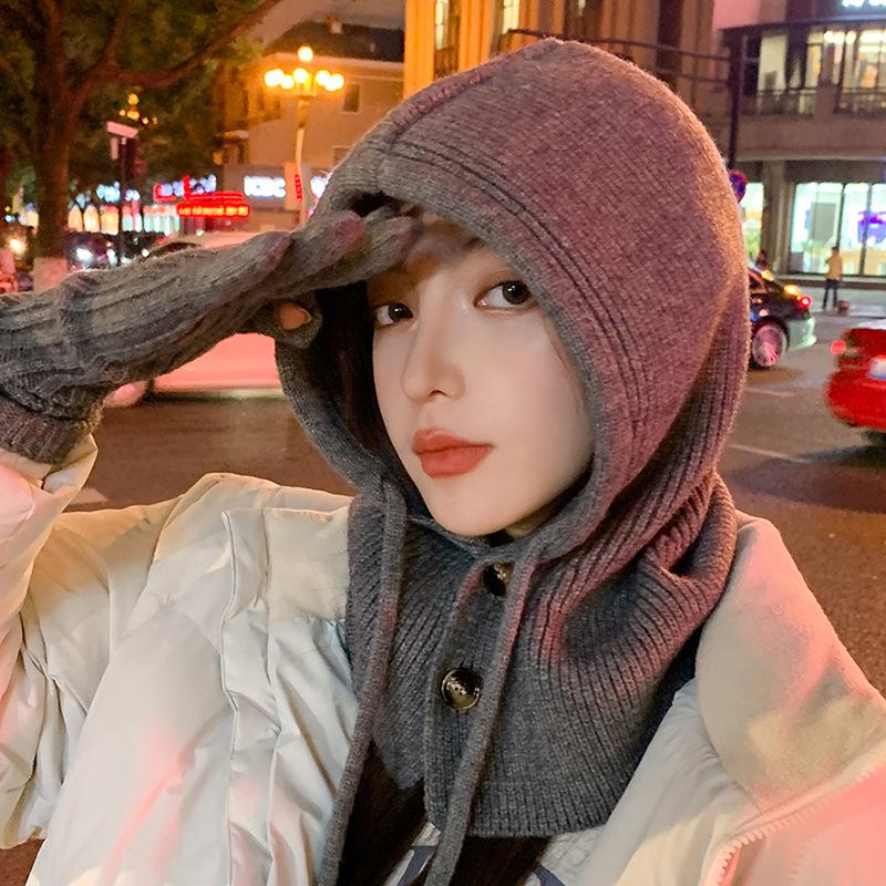 One-piece Solid Color Drawstring Hooded Scarf, Windproof Winter Beanie Hat & Scarf Set