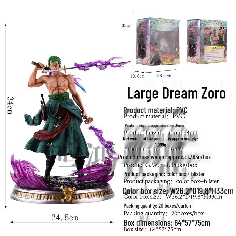 One Piece Zoro GK Statue: Double Head, Replaceable Three-Sword Style Anime Model.
