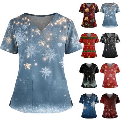 Женский рождественский топ с принтом, V-образным вырезом, двумя карманами, короткими рукавами, разрезом по подолу, униформа для сиделки