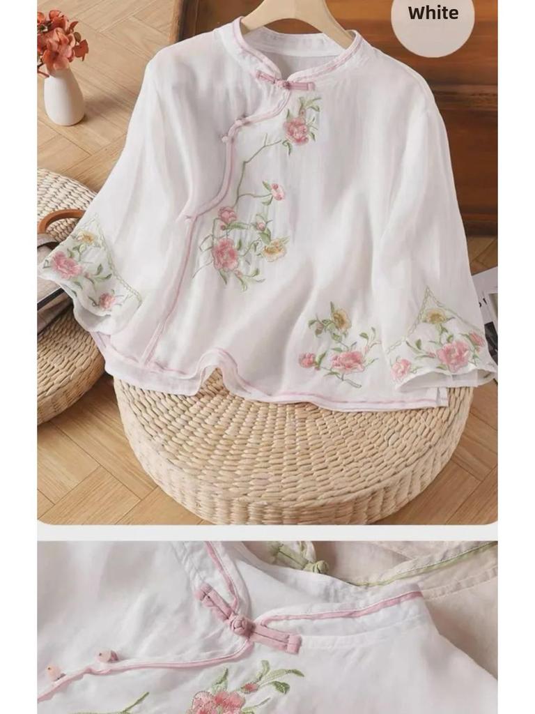 Женский этнический хлопковый топ с вышивкой - китайская косая планка с пуговицами-лягушками, художественная летняя рубашка