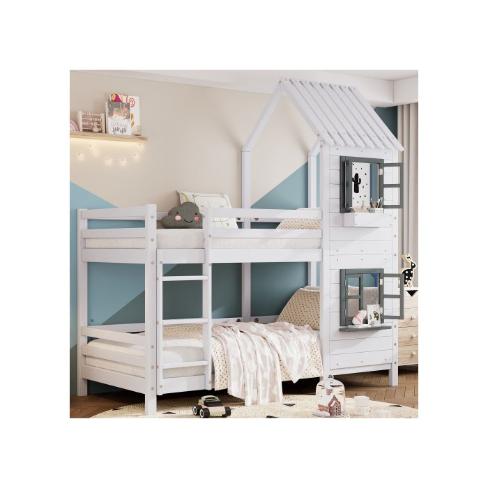 Двухъярусная кровать с бортиками и окном с защитой от падения и перекладиной, каркас из сосны, белый (90х200)