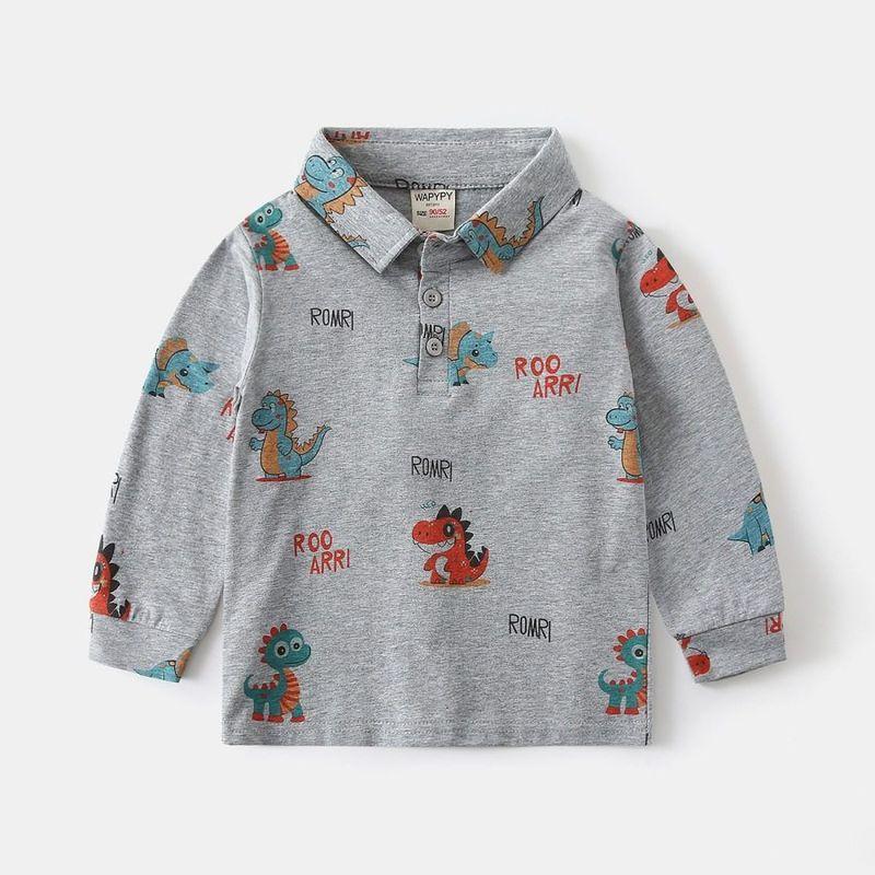 Boys' Long-Sleeved T-Shirt, Spring and Autum Kidsren's Clothing, Kidsren's All-Over Printed Dinosaur Polo Shirt, Baby Lapel Cartoon Top