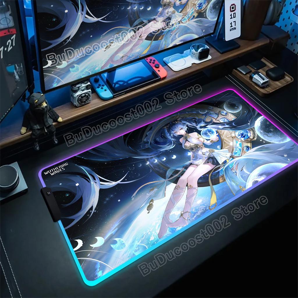 Pretty CHISA Aemeath Luno Cartethyia Wuthering Waves Game Mouse Pad RGB Non-Slip Rubber Mousepad Laptop PC Large Anime Desk Mat