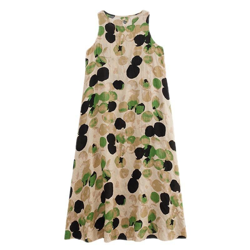 Real Shot Summer New Literary Loose Printing Round Neck Sleeveless Dress Women's Medium and Long