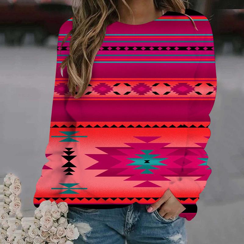 Весенне-осенний топ с круглым вырезом, 3D-принтом в этническом стиле, модная повседневная женская футболка с длинным рукавом