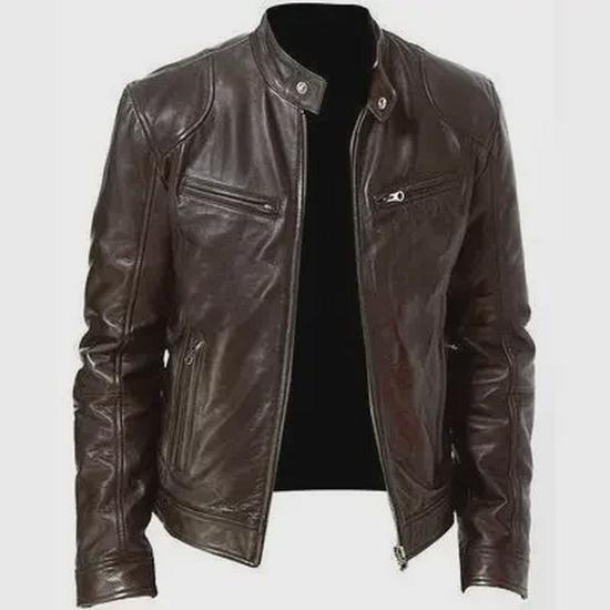 Men's Trendy Stand Collar Leather Motorcycle Jacket - Spring/Autumn Large Size