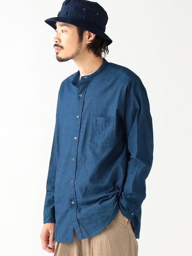 Beams Plus Индиго Шамбре Рубашка Классического Кроя с Воротником-стойкой Размер L Мужская, Посадка, (38110442139)