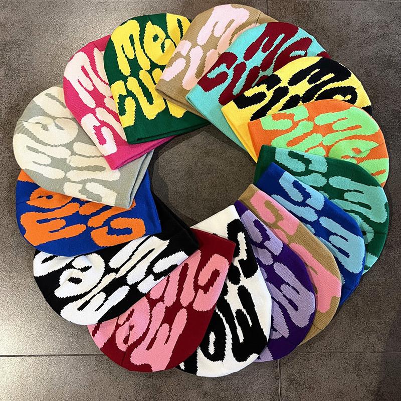 Acrylic Knit Beanie Hat With Embroidered Letters For Streetwear Fashion In Winter Season