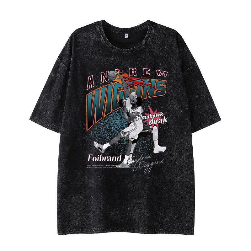 American basketball retro wasteland feng shui wash t-shirt star print men's and women's fashion casual sports stacked tops ins tide