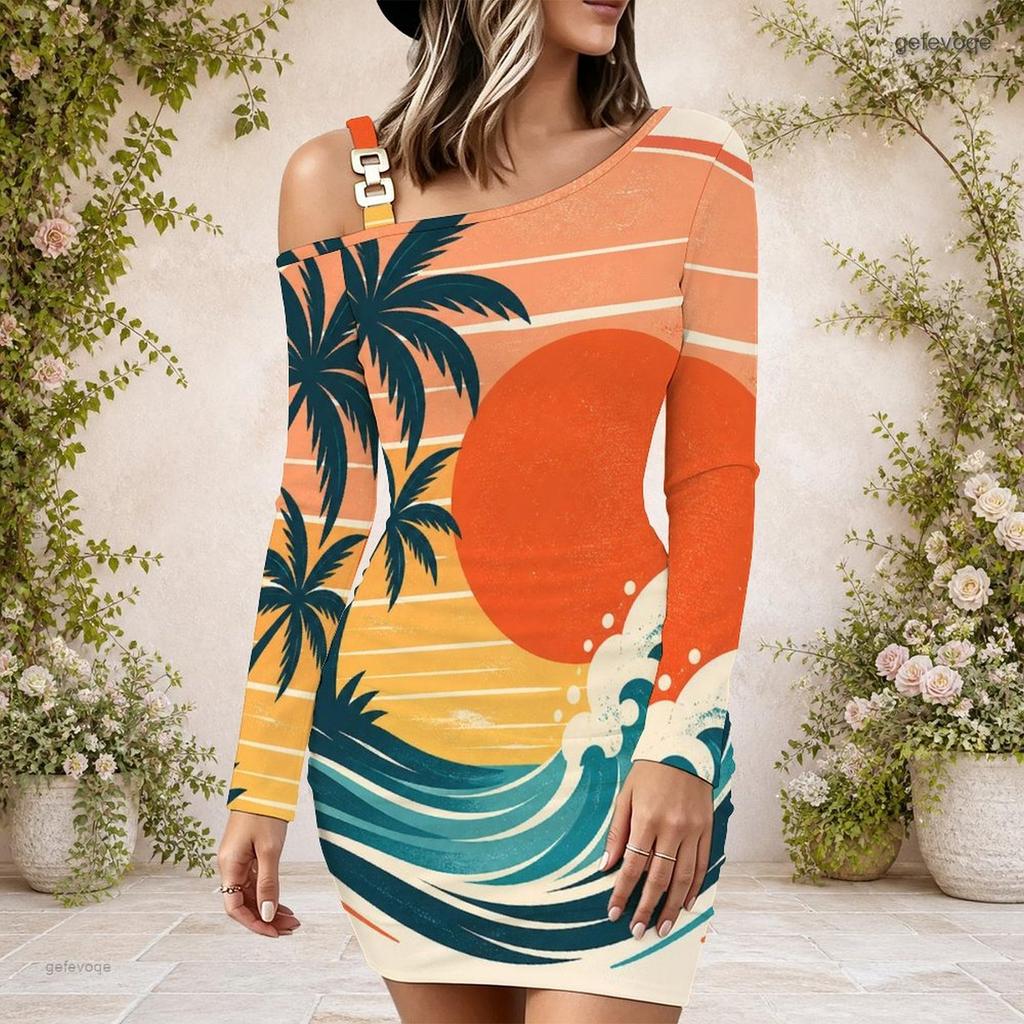 Women Plus Size One Shoulder Long Sleeve Bodycon Mini Dress Tropical Palm Sunset Wave Printed
