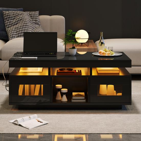 100x50x43cm Black High-Gloss Coffee Table, with LED Lights Controllable, Mobile App, Living Room Table with Cabinet, Sofa Table with Charging Port And