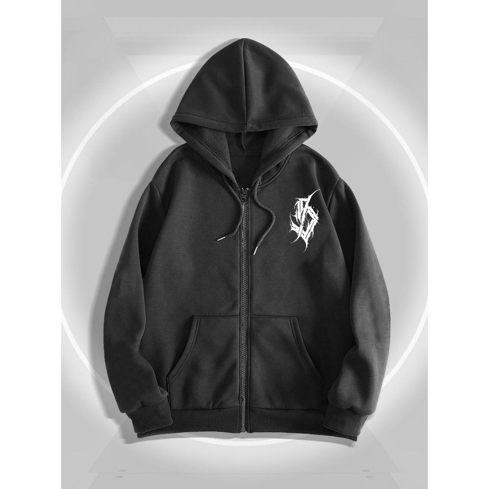 Мужская готическая ветровка с капюшоном и S-образным принтом, повседневная полиэстеровая толстовка на молнии с капюшоном и геометрическим узором