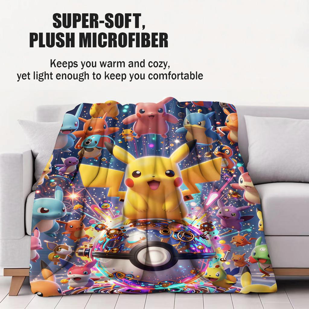 Pokemon Mega Gathering Cute Pikachu Print Fleece Throw Blanket for Adult Quality Cozy Soft Warm Blanket for Travel Office Home
