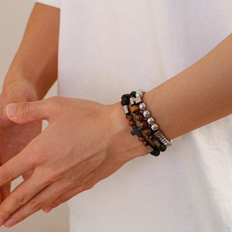 Винтажный многослойный браслет из бисера для мужчин, модные браслеты в стиле хип-хоп, тигровый глаз CCB, титановые стальные браслеты с крестообразными бусинами, аксессуары для мужчин