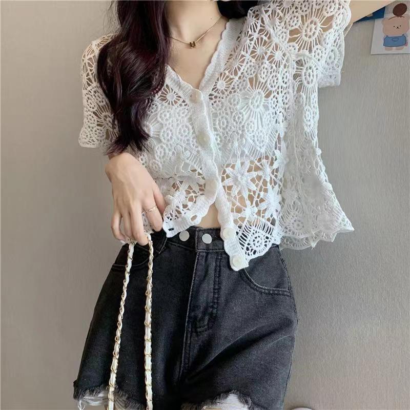 Retro Hook Flower Hollowed Out Short Sleeved Top for Women's Summer Knitwear Versatile Short V-neck Cardigan