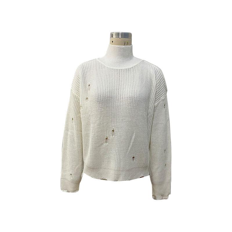 Осенне-зимний женский свитер, модный потертый белый свитер с высоким воротником и длинными рукавами