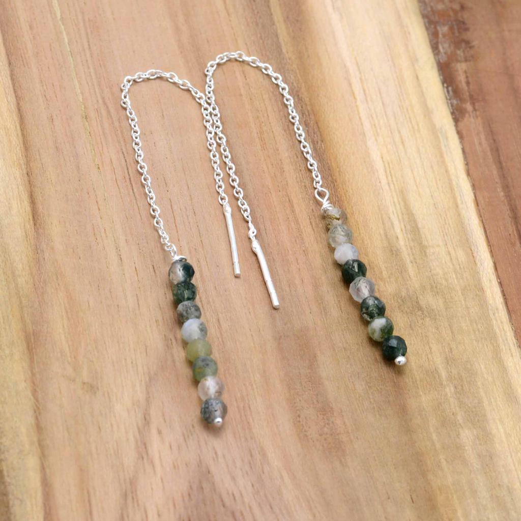 Moss Agate 925 Silver Threader Earrings, Natural Gemstone Women Handmade Fringe Earrings