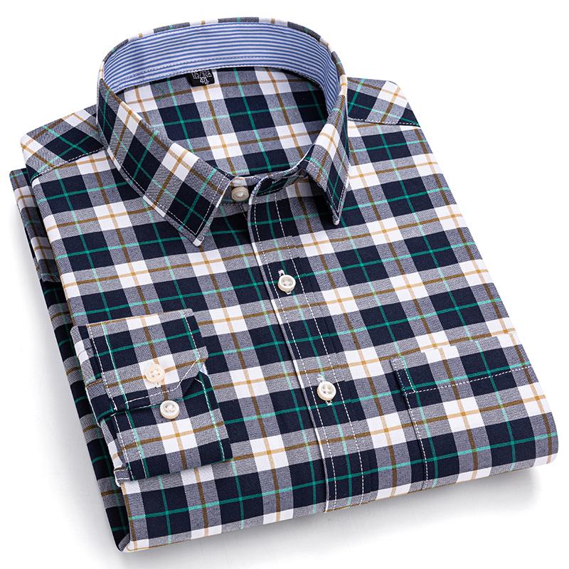 100% Cotton Men's Oxford Shirts Long Sleeve Casual Plaid Soft Regular Fit Formal Dress Shirt Social Blouse Male Clothes S-7XL