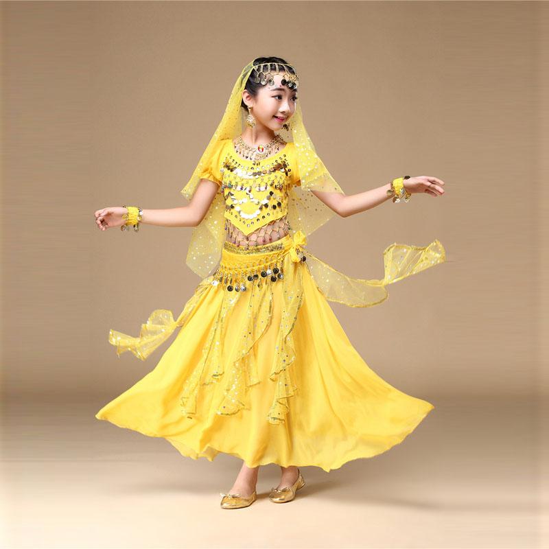 Girl Kids Tulle Indian Belly Dance Clothing Children Performance Costume Tops+Skirt 2pcs Dance Set