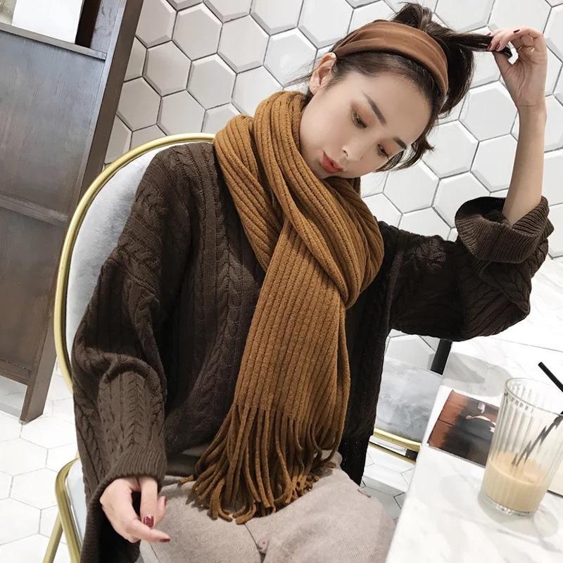 Winter Long Scarf Women's Simple Fringed Shawl with Imitation Cashmere Windproof Warm Solid Color Scarf