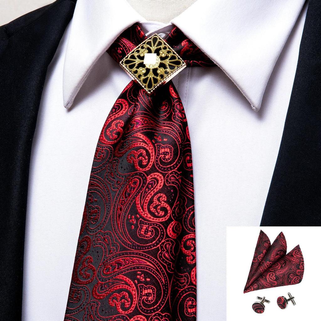 Hi-Tie Винно-красный галстук для мужчин, галстук, носовой платок, запонки, кольцо для галстука из сплава, галстук-боло, набор бутоньерок
