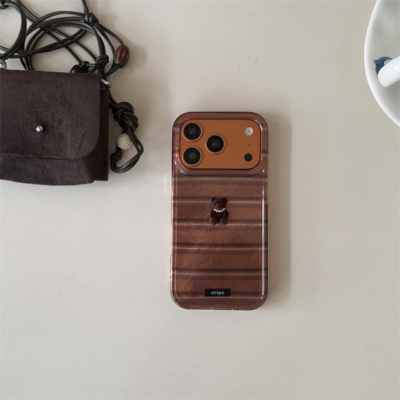 Японский и корейский 3D чехол-медведь в полоску для iPhone 17/16 Pro Max/15/14 - Новый дизайн для девушек