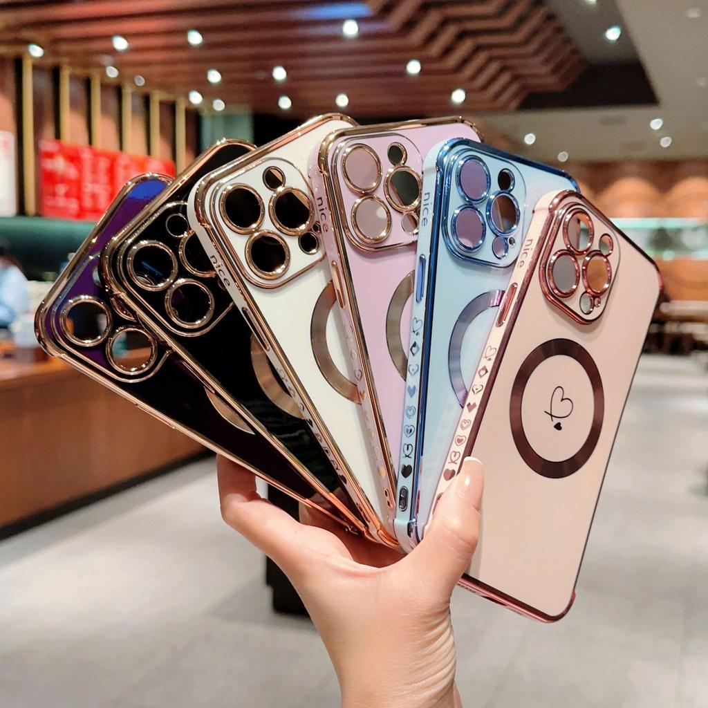 Применимо к iPhone17Promax гальванический чехол для телефона двойное сердце Apple 16Pro магнитный противоударный 15 защитный чехол