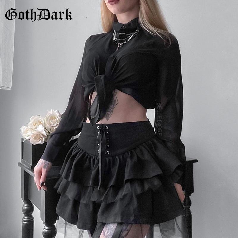 Goth Dark Gothic Pleated Lace Up Mini Skirts Mall Goth Mesh Patchwork Women Sexy Skirt High Waist Puffy Skirt Partywear Club Emo
