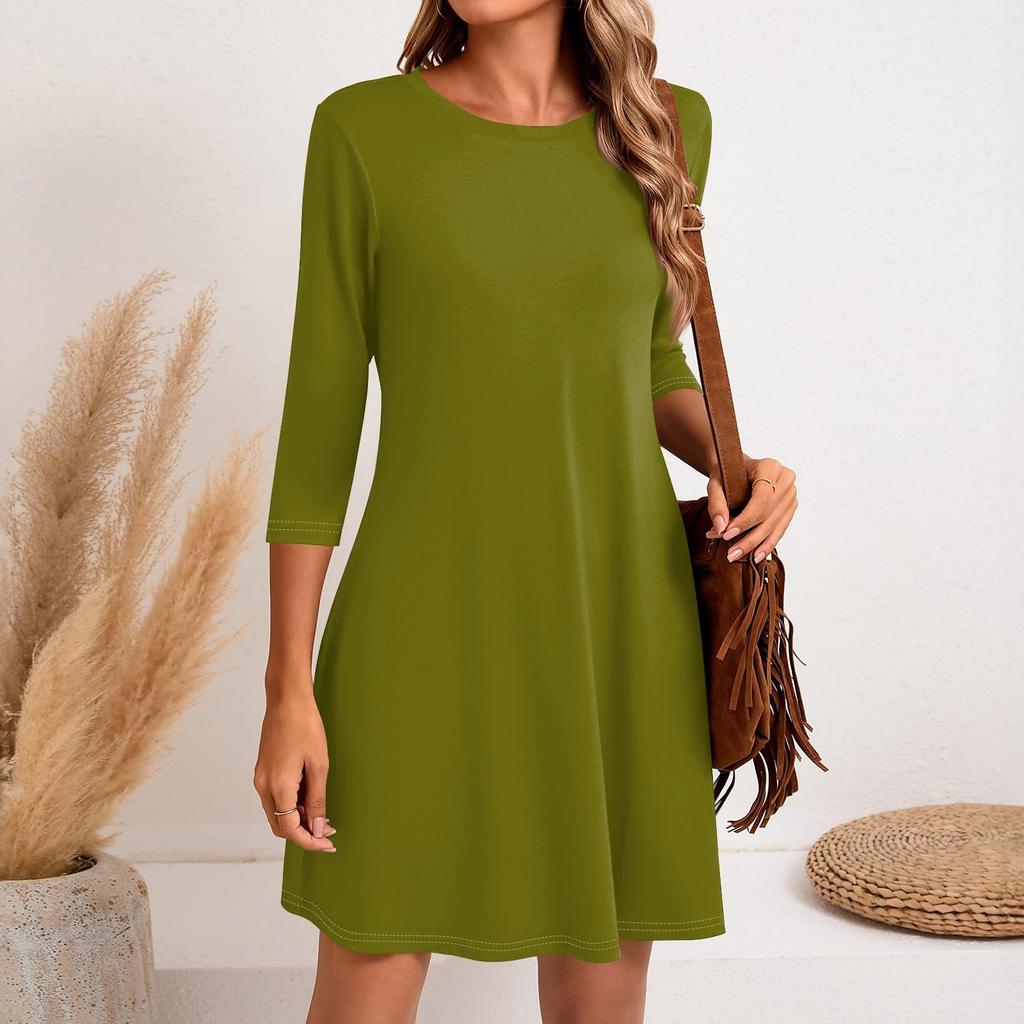 Женское модное повседневное однотонное короткое платье с круглым вырезом и рукавом три четверти