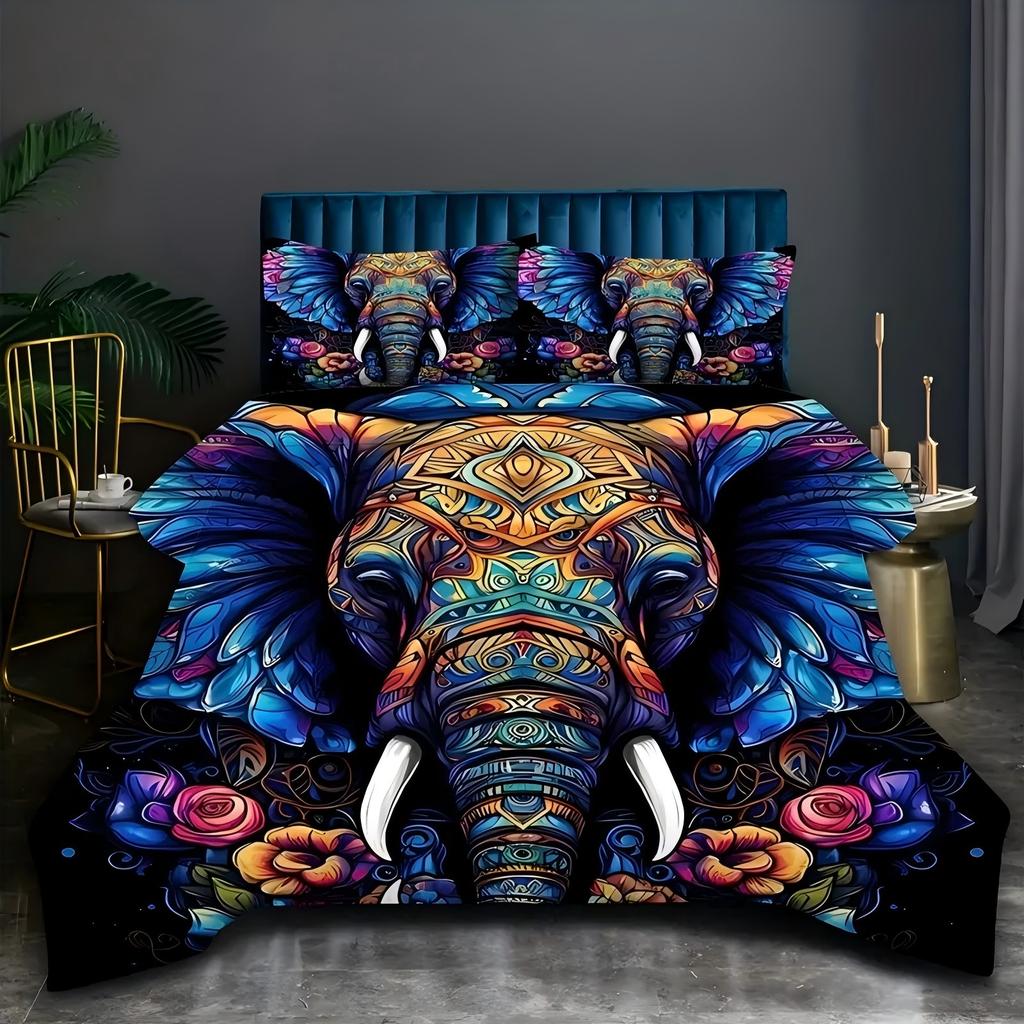 Colorful Elephant Flowers Pattern 3D Print Duvet Cover Soft Comfortable Luxury Bedding Set Wildlife Theme Quilt Cover Pillowcase