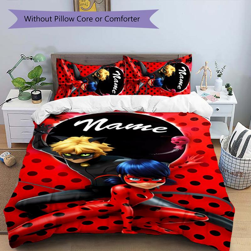 3pcs Ladybug4 Cover Set - Personalized Name, HD Printed Bedding with 1 Cover and 2 Pillowcases - Perfect for Home Decor, Easy Care