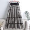 New Autumn Winter Vintage Stretch High Waist Midi Pleated Houndstooth Printed Knitted Skirt For Women Plaid Long Skirt