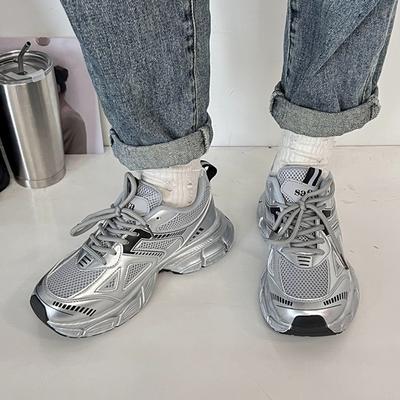 Модные серебристые кроссовки для папы женские осенние дышащие на толстой подошве вулканизированные туфли женские на шнуровке на платформе спортивная обувь женская