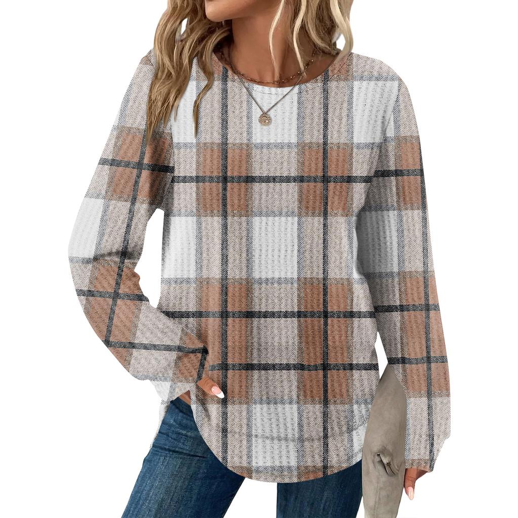 Женский повседневный топ свободного кроя с круглым вырезом и длинными рукавами в клетку