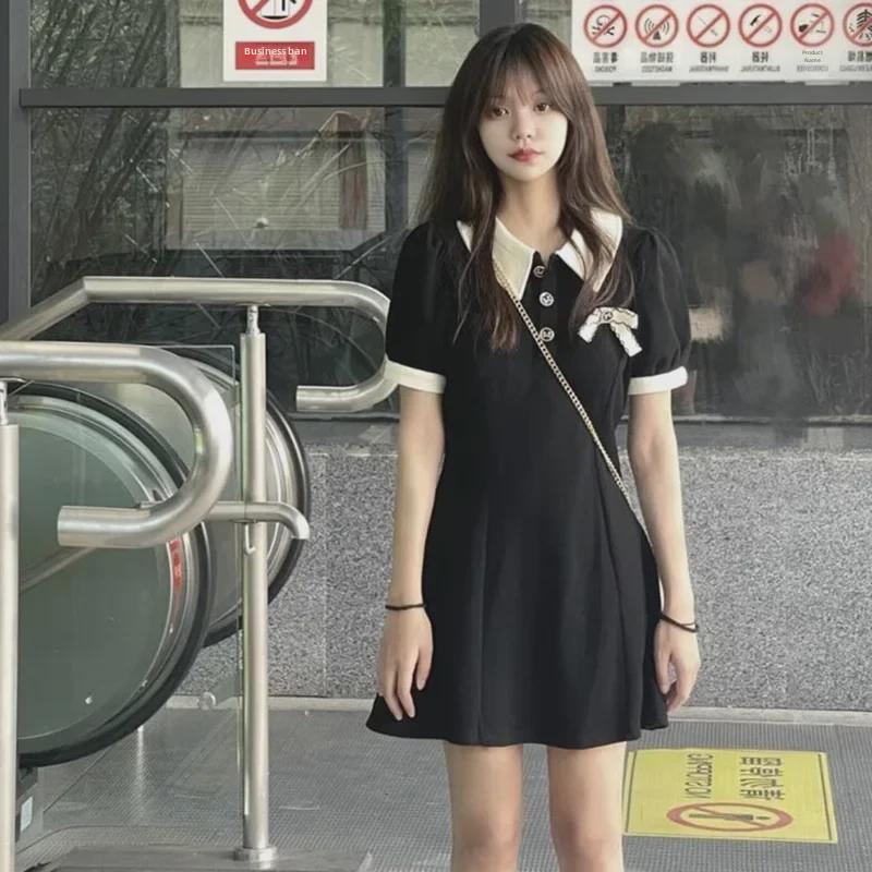 Летнее ретро контрастный воротник поло маленькое черное платье для женщин, утягивающее талию