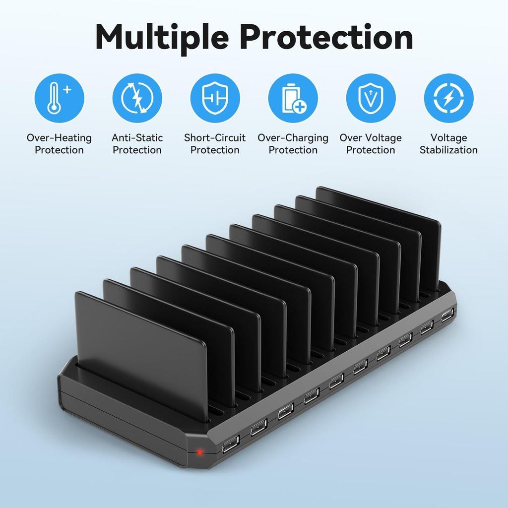 Многопортовое USB настольное зарядное устройство 60 Вт: 10 портов с умной подставкой, быстрая зарядка PD и QC