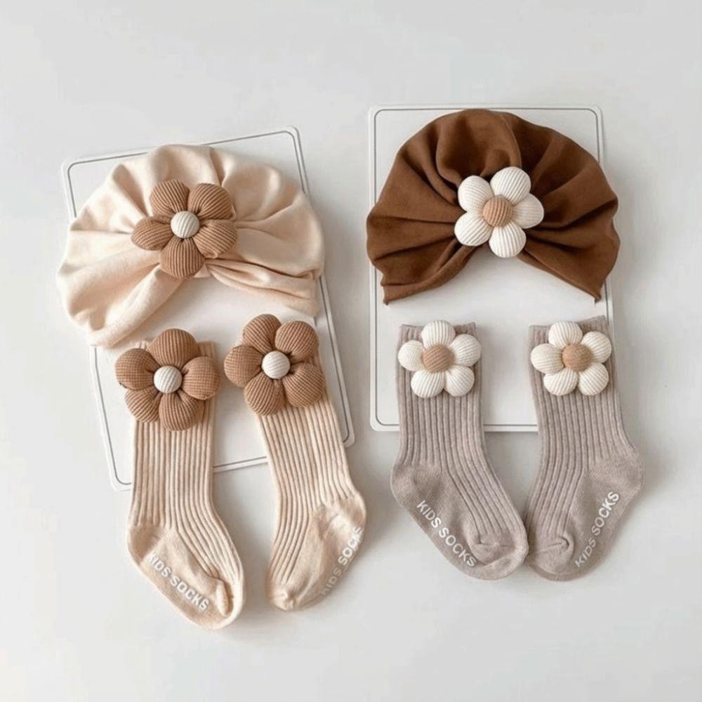 Flower Socks Cap Set Breathable Combination Hat Socks Newborn Hat Socks Set Baby Boy and Girl