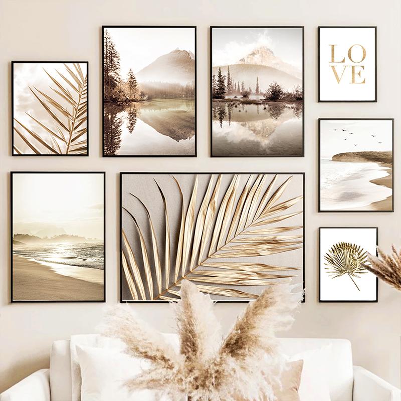 Современный горный морской пейзаж, картина на холсте, настенная живопись, цветы, листья, постер и принт для дома, гостиной, Настенный декор