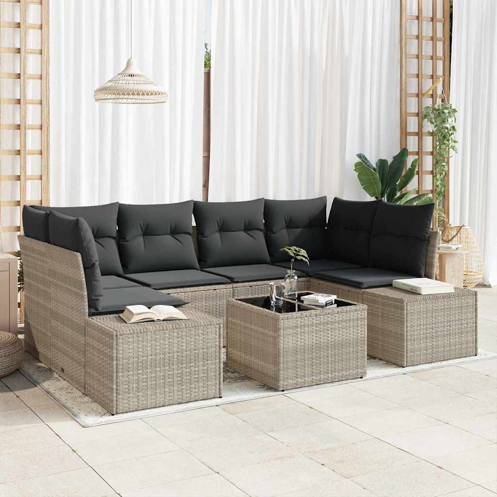 7 Piece Sofa Set with Cushions Light Grey Poly Rattan